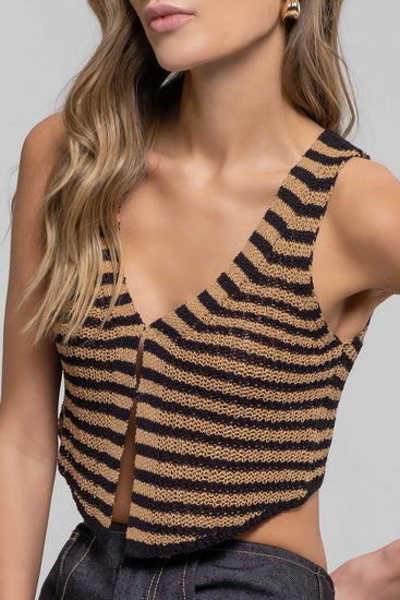 Black and tan striped button up crop top