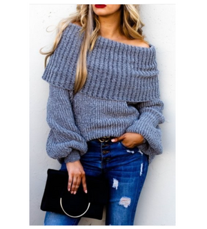 
                
                    Load image into Gallery viewer, Kamryn Off the Shoulder Grey Sweater
                
            